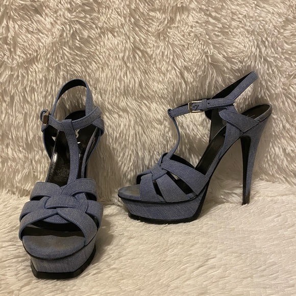 Saint Laurent Tribute Denim 105mm Platform Sandals - Picture 1 of 15